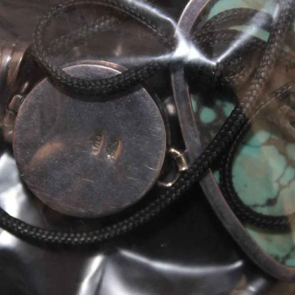 Women's Turquoise Sterling Silver Round Sun Face Black Cord Artisan Necklace